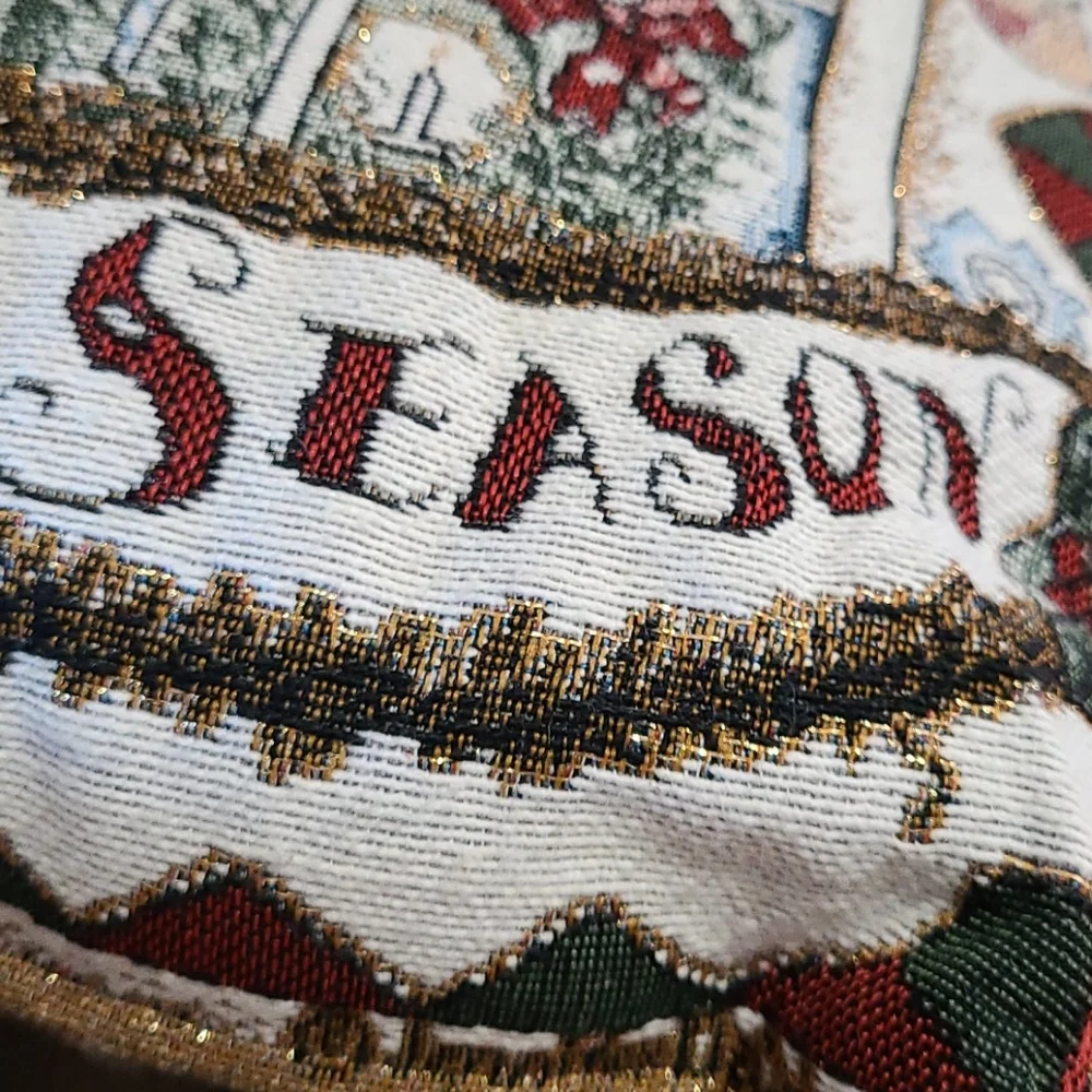 Christmas Throw Pillow Tree Scene Joy Season Burgundy Gold Lamé 12 x 16 Vintage